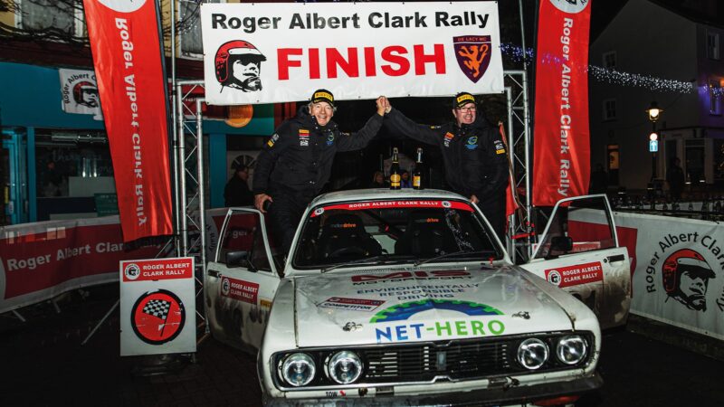Tony Jardine and Allan Harryman at finish of 2021 Roger Albert Clark Rally