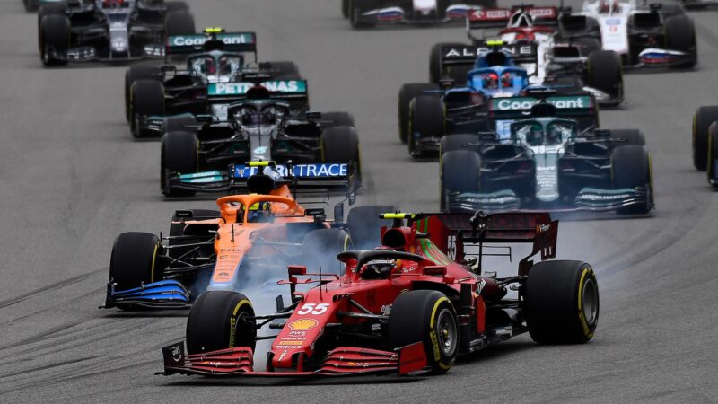 Carlos Sainz leads Lando Norris at the start of the 2021 Russian Grand Prix