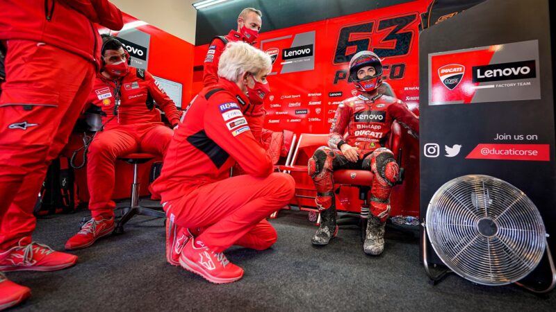 Gigi Dall Igna in Ducati MotoGP pit with Pecco Bagnaia