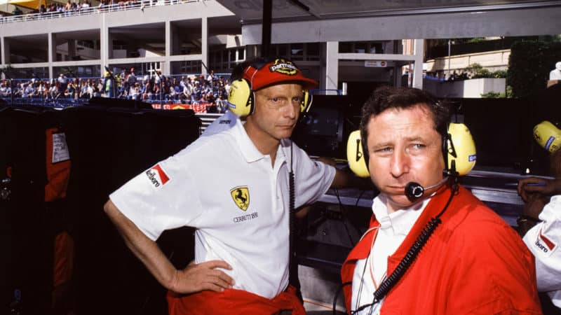 Niki Lauda with Jean Todt at the 1994 Monaco Grand Prix
