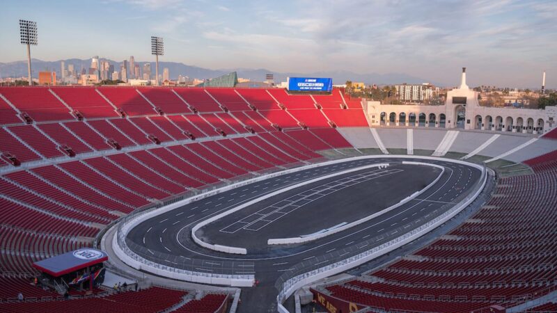 Overhead view of NASCAR track at Los Angeles Coliseum