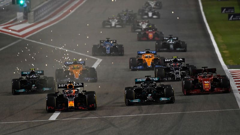 Sparks at the start of the 2021 Bahrain grand prix