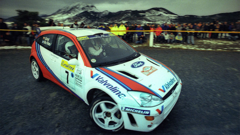 Colin McRae and Nicky Grist driving their Ford Focus WRC on a stage in the 1999 Monte carlo Rally