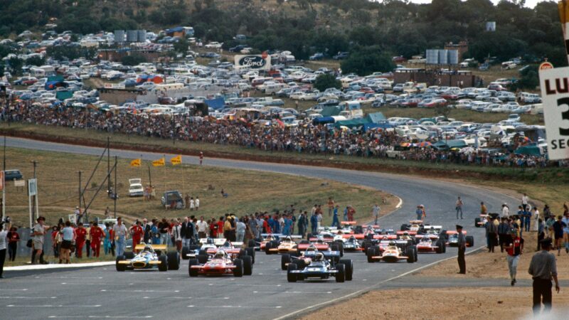 Jackie Stewart and Chris Amon in March Cosworths, Jack Brabham in a Brabham-Cosworth BT33, South African GP, Kyalami, 7 March 1970. (Photo by GPLibrary/Universal Images Group via Getty Images)