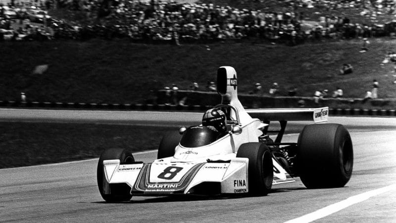 Carlos Pace, Brabham-Ford BT44B, Grand Prix of Brazil, Interlagos, 26 January 1975. Carlos Paceon his way to victory in the 1975 Brazilian Grand Prix. (Photo by Bernard Cahier/Getty Images)