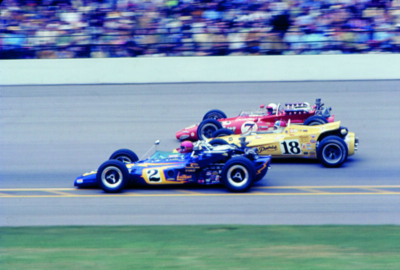 AJ Foyt Johnny Rutherford and Al Unser side by side in the 1970 Indy 500