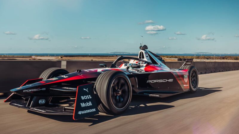 Porsche 99X Formula E car on track at launch