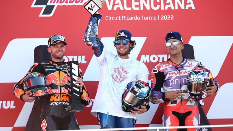Alex Rins Brad Binder and Jorge Martin on the podium after the 2022 MotoGP Valencia GP