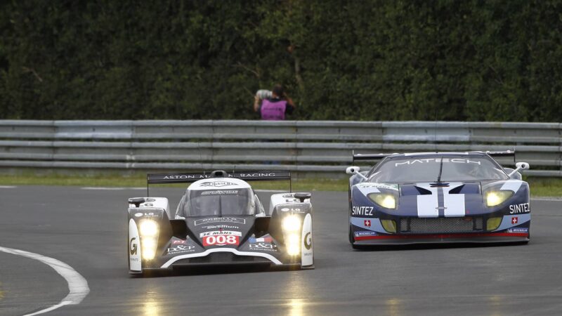 Ford GT1 of Romain Grosjean alongside Lola Aston Martin at Le Mans in 2010