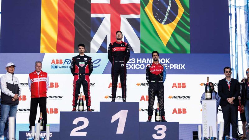 Dennis, Pascal Wehrlein and Lucas di Grassi on the podium