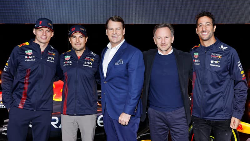 Ford CEO Jim Farley with Red Bull drivers and Christian Horner