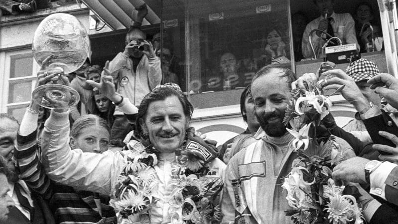 Graham Hill celebrates 1972 Le Mans win with Henri Pescarolo