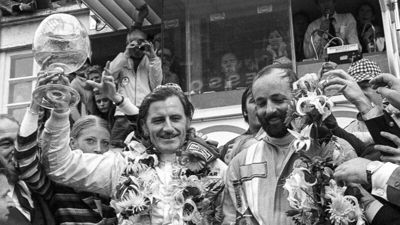 Graham Hill celebrates 1972 Le Mans win with Henri Pescarolo