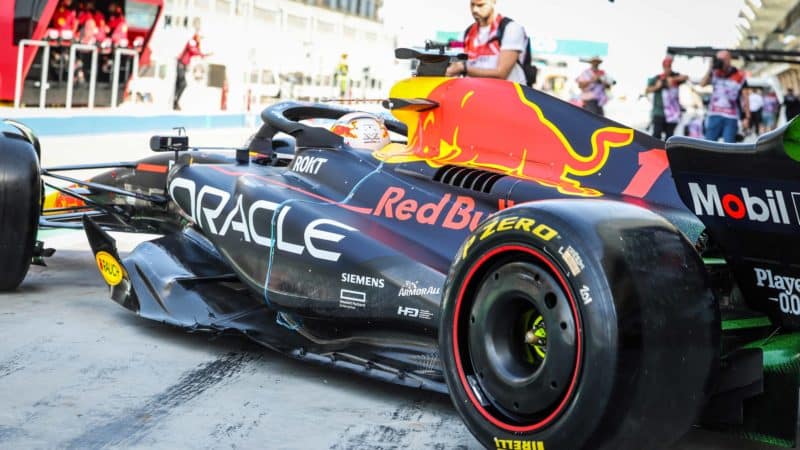 Red-Bull-RB19-leaves-the-garage-at-2023-Bahrain-F1-testing