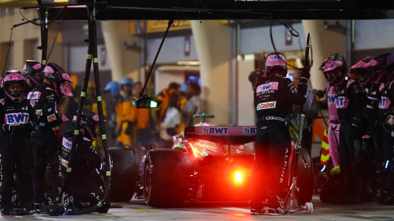 Esteban Ocon serves a penalty in the pits during the 2023 F1 Bahrain Grand Prix