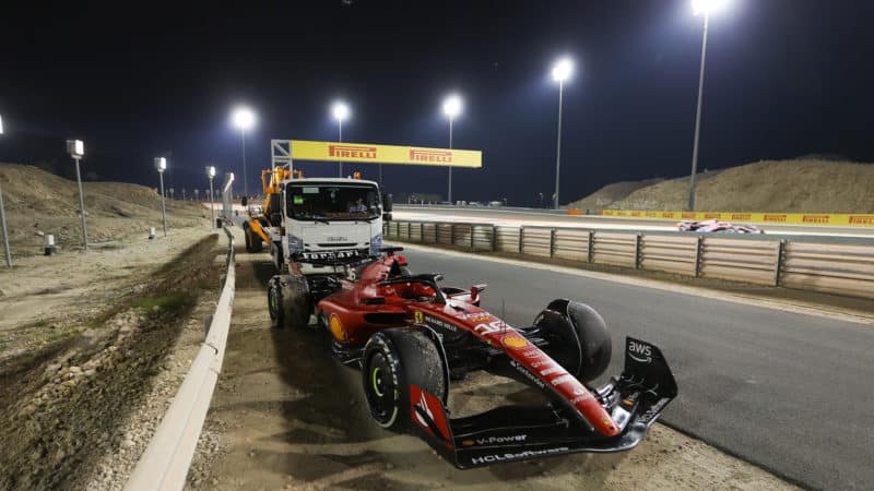 Ferrari of Charles Leclerc at the side of the Sakhir circuit during the 2023 bahrain Grand prix