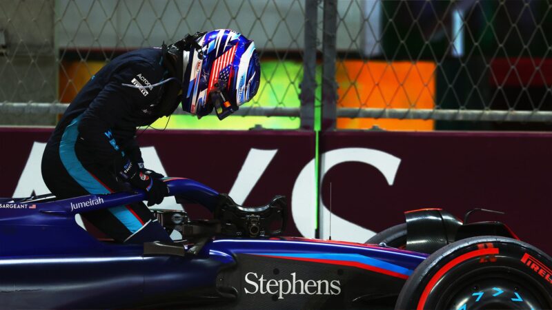 Logan Sargeant climbs out of his broken down F1 Williams in 2023 Saudi Arabian GP qualifying