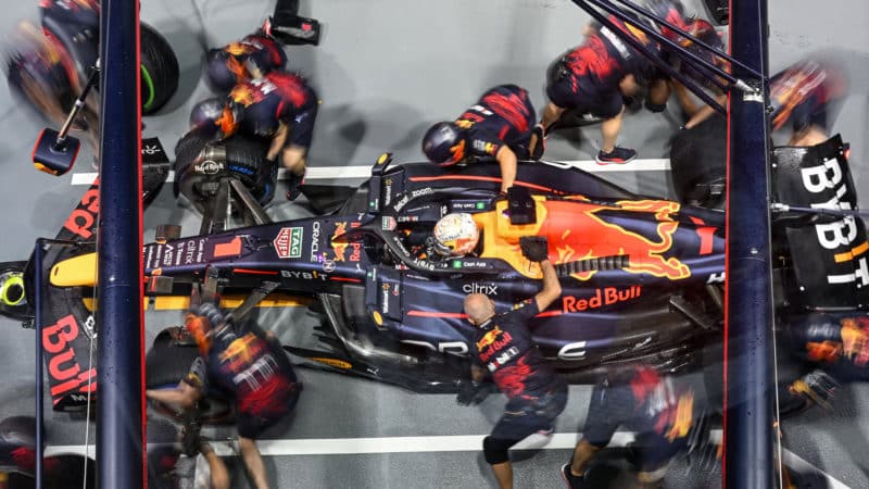 Overhead view of Red Bull pitstop