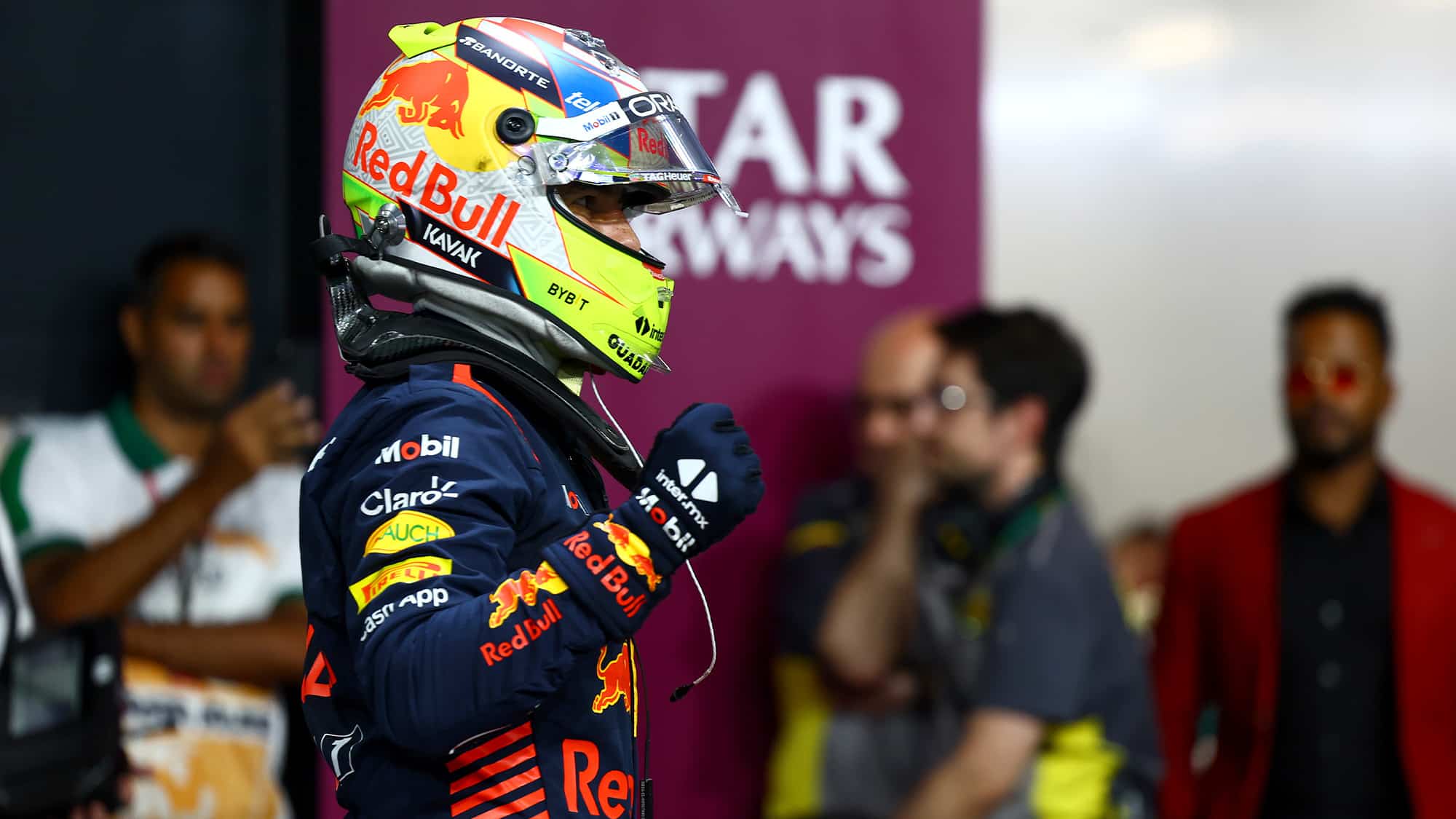 Sergio Perez clenches his fist after securing pole for the 2023 Saudi Arabian Grand Prix