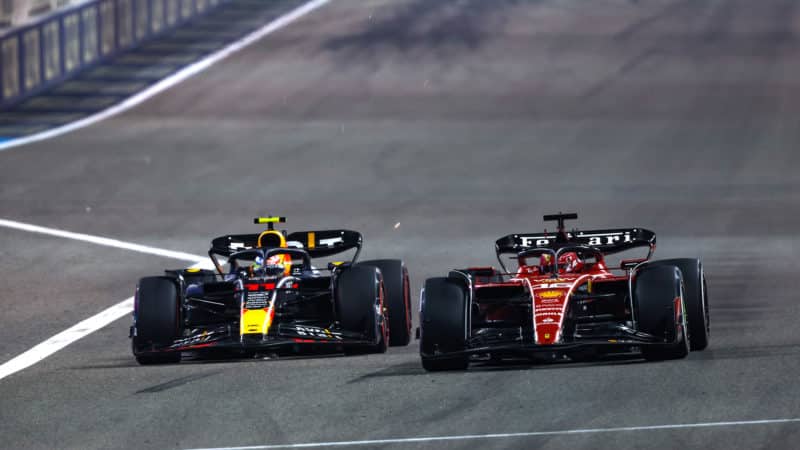 Sergio Perez fights with Charles Leclerc at the 2023 Bahrain Grand Prix