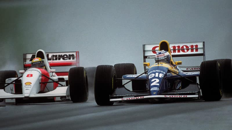 Ayrton Senna challenges Alain Prost in 1993 F1 Donington European GP