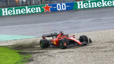 Ferrari of Charles Leclerc in the gravel during 2023 Dutch GP qualifying