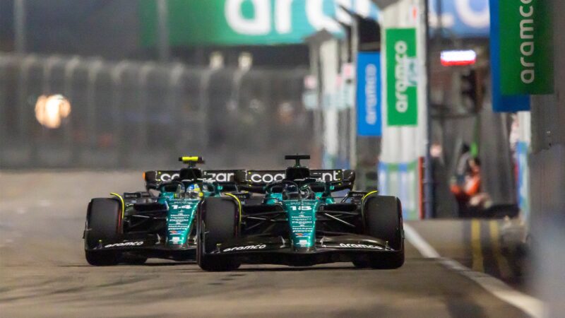 Aston Martin's Fernando Alonso and Lance Stroll battle in Singapore