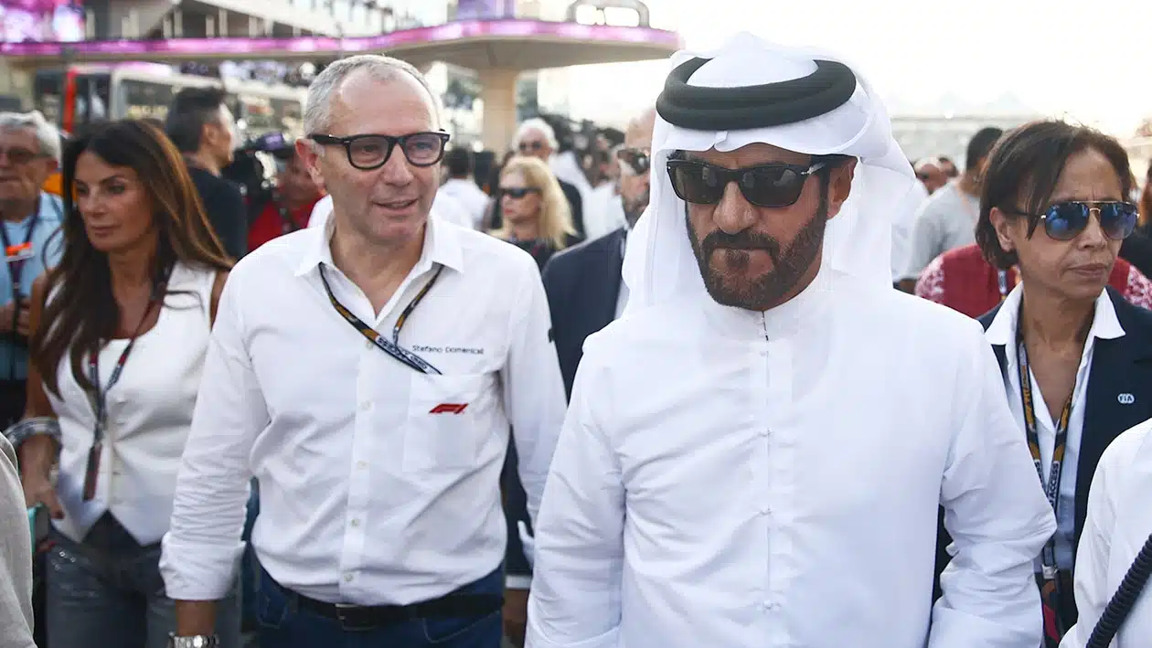 Stefano Domenicali and Mihammed ben Sulayem on 2023 Abu Dhabi GP grid