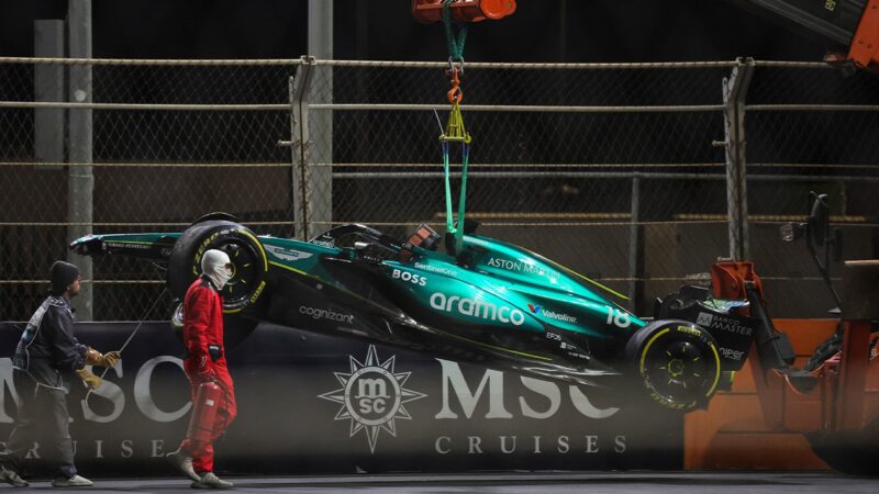 Aston Martin F1 car of Lance Stroll is lifted off Jeddah circuit by a crane at 2024 Saudi Arabian Grand Prix