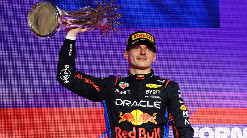 Max Verstappen lifts 2024 Saudi Arabian Grand Prix trophy after winning in Jeddah