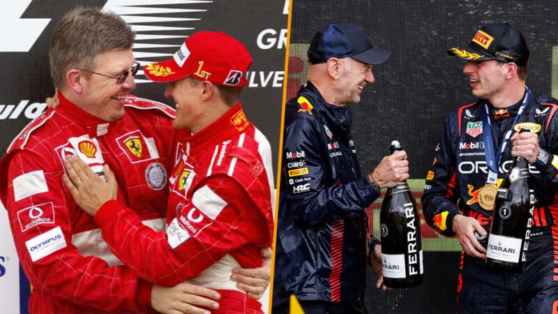 Ross Brawn with Michael Schumacher and Adrian Newey with Max Verstappen