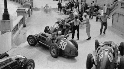 A huge wave hit the circuit at Tabac corner on the opening lap of the 1950 Monaco Grand Prix