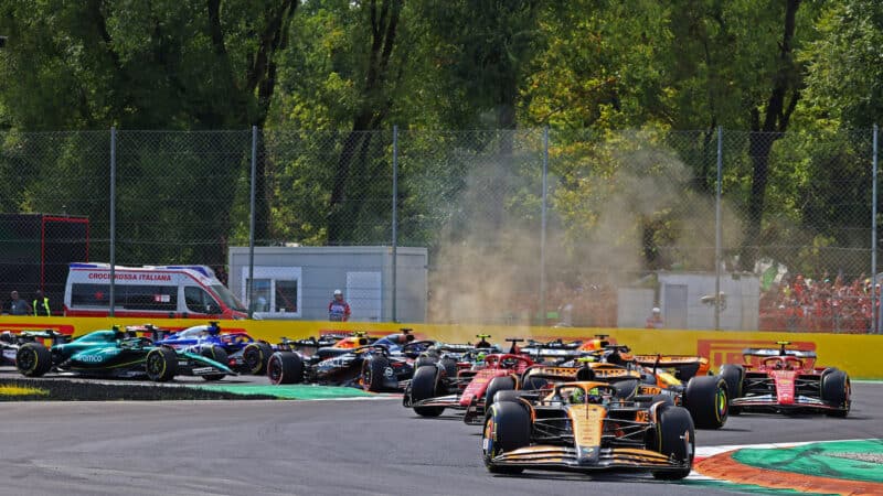 Lando Norris (McLaren-Mercedes) leads the field into the first corner in the 2024 Italian Grand Prix