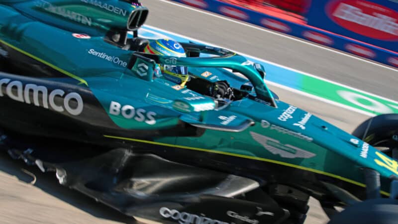 Fernando Alonso (Aston Martin-Mercedes) in the pits during practice for the 2025 Emilia Romagna Grand Prix