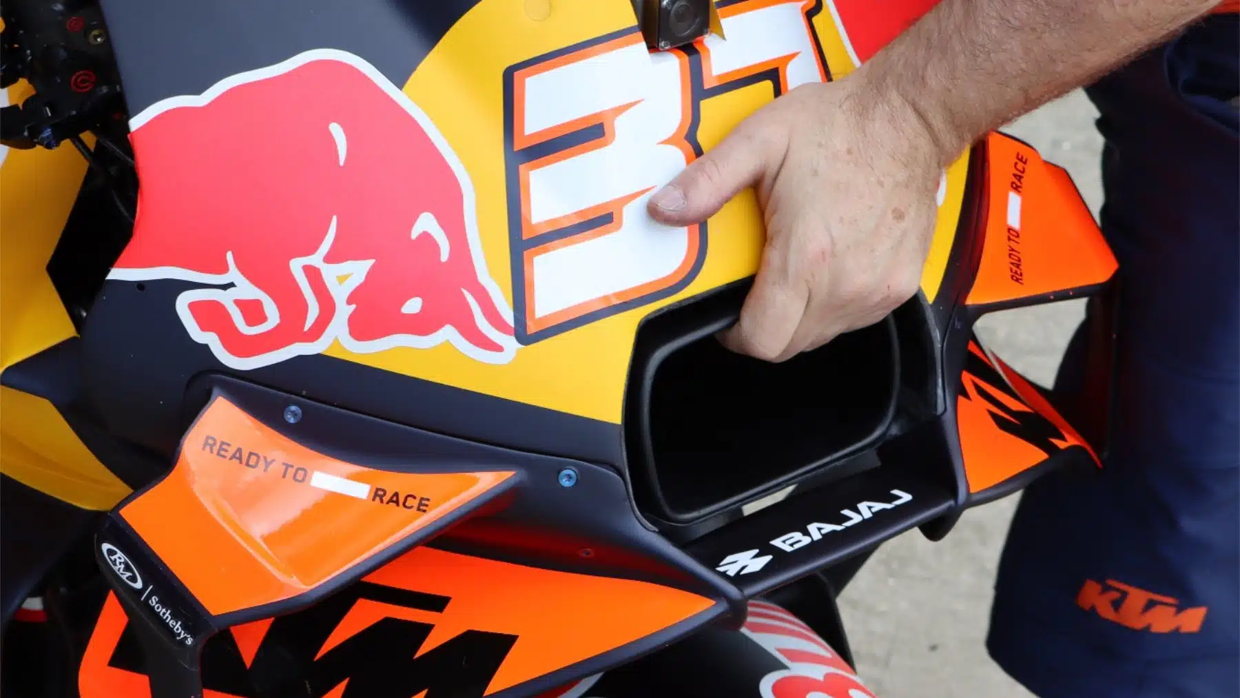 Acosta’s KTM RC16, with Ready To Race motto, at Silverstone last weekend. The Bajaj stickers appeared immediately after the Indian company announced its takeover of the Austrian brand