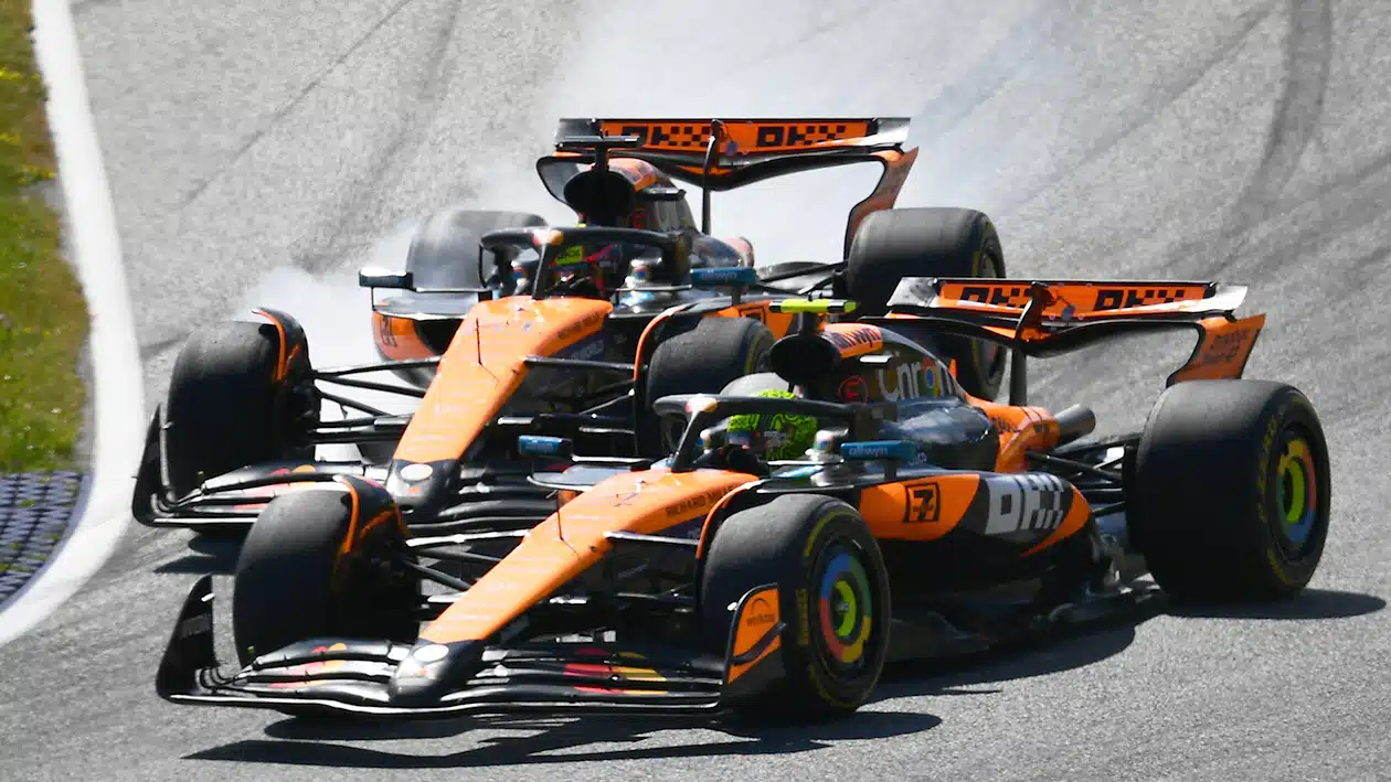 Oscar Piastri locks his wheel as he tries to overtake Lando Norris in 2025 F1 Austrian Grand Prix