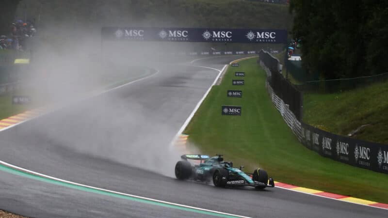Lance Stroll (Aston Martin-Mercedes) in wet practice for the 2024 Belgian Grand Prix