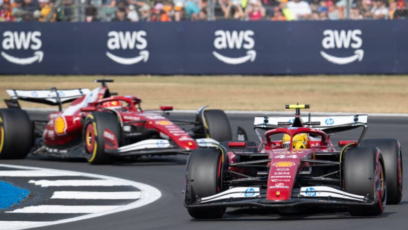 Lewis Hamilton in front of Ferrari team-mate Charles Leclerc during practice for the 2025 British Grand Prix