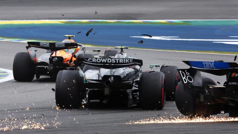 Kimi Antonelli (Mercedes) hits Charles Leclerc (Ferrari) at the restart of the 2025 Brazilian Grand Prix