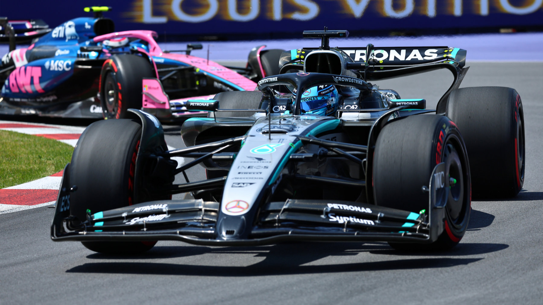 George Russell (Mercedes) in front of Franco Colapinto (Alpine-Renault) during practice for the 2025 Canadian Grand Prix