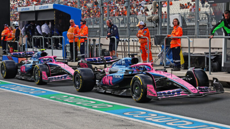 Alpine-Renault drivers Pierre Gasly and Franco Colapinto in the pits during practice for the 2025 Dutch Grand Prix
