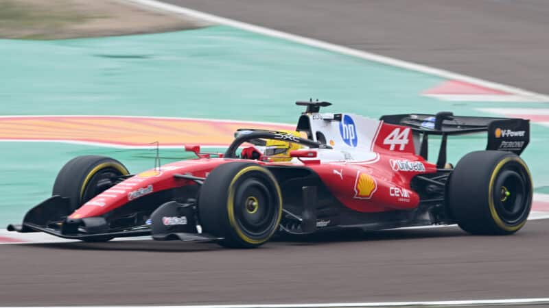 Lewis Hamilton drivers Ferrari SF-26 on track in shakedown