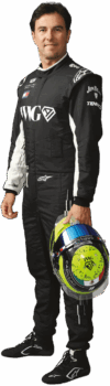 Sergio Pérez in Cadillac Formula 1 Team race suit holding helmet
