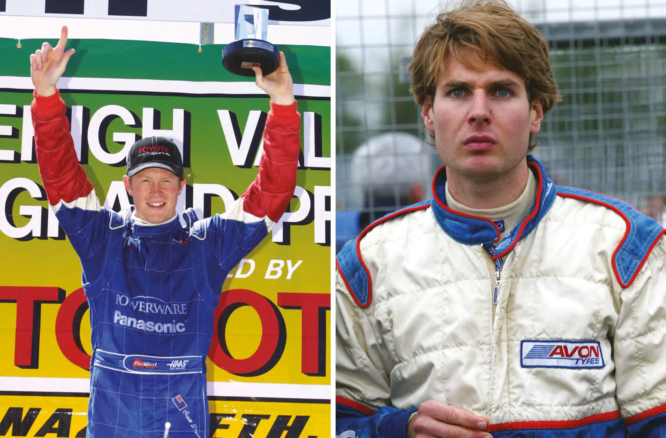 Will Power celebrates Lehigh Valley Grand Prix win in blue red white POWERWARE Panasonic racing suit holding trophy beside portrait of driver in cream AVON Tyres suit
