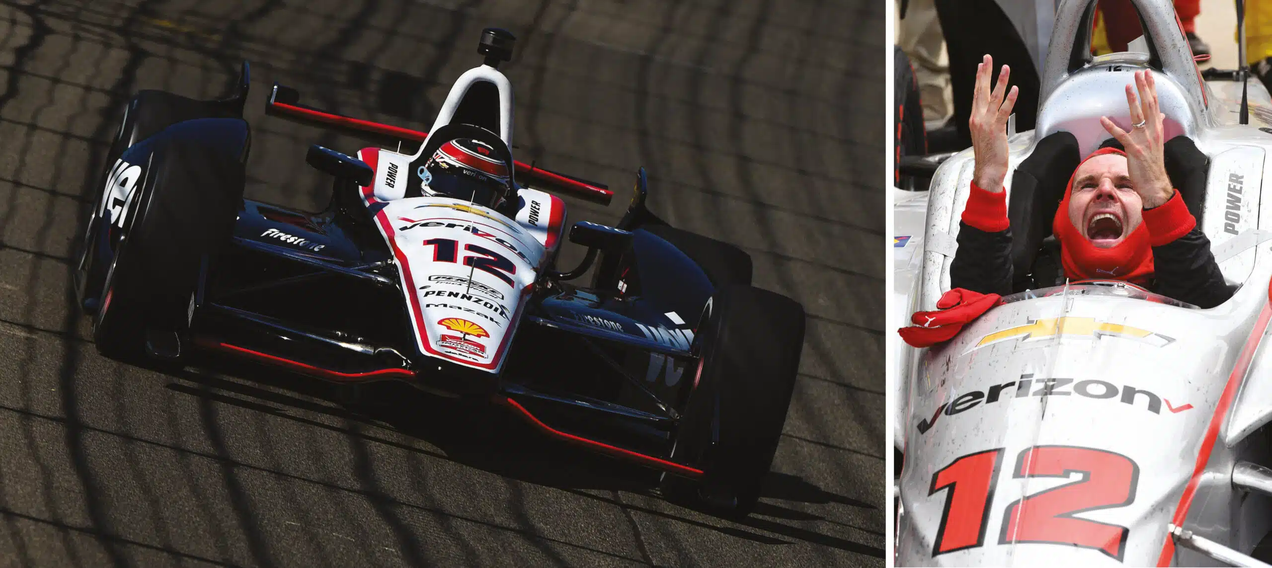 Will Power in black white red No.12 Verizon Pennzoil Shell Chevrolet IndyCar racing at speed and celebrating with raised hands