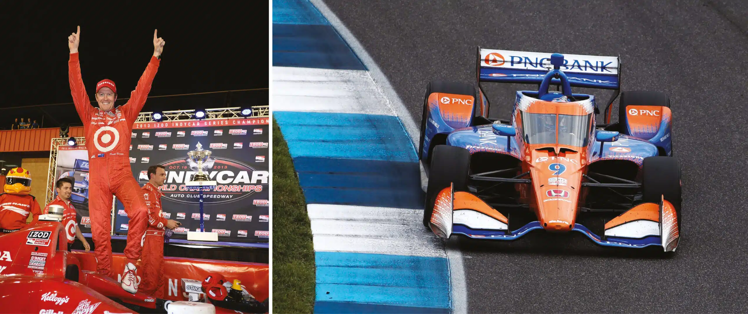 Scott Dixon celebrates 2013 IZOD IndyCar Series championship at Auto Club Speedway with trophy and team beside orange blue No.9 PNC Bank Honda cornering on track