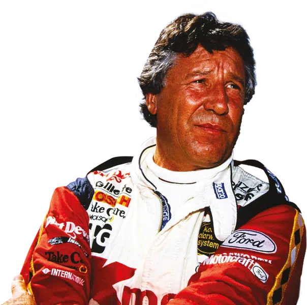 Veteran IndyCar driver in red white black Texaco Ford Gillette Motorcraft racing suit with arms crossed portrait