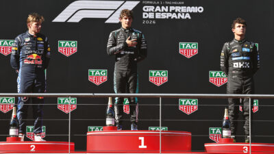 Kimi Antonelli celebrates Spanish GP victory on the podium