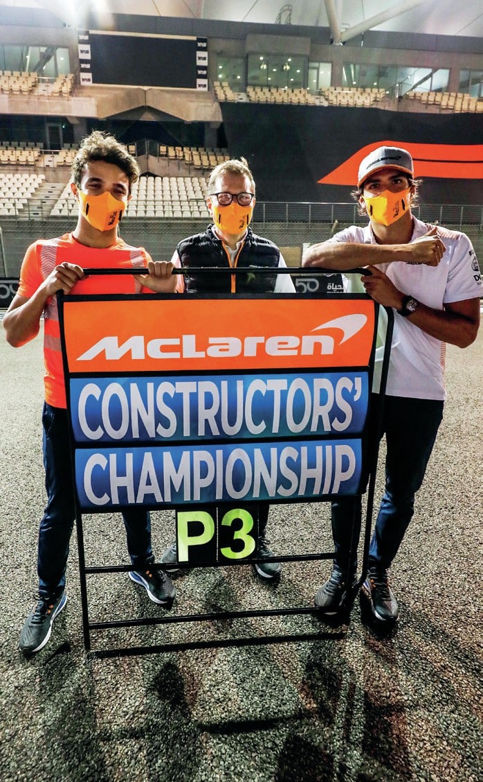 Lando Norris Carlos Sianz and Andreas Seidl xelebrate McLaren's third place in the 2020 F1 constructors championship