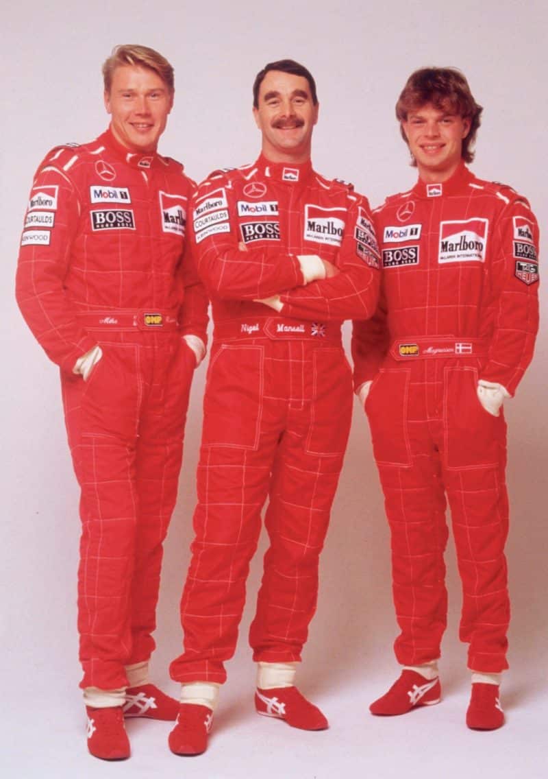 McLaren drivers Mika Hakkinen Nigel Mansell and Jan Magnussen in 1995